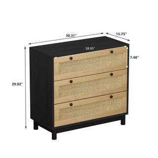 Sunvega Modern Oak Rattan Storage Cabinet with 3 Deep Drawers for Bedroom Living Room