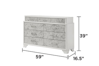 Sunvega Modern White Dresser with Marble Accents and Nine Drawers for Bedroom