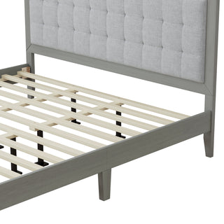 Sunvega Solid Wood King Bed with Upholstered Headboard in Grace Grey Finish
