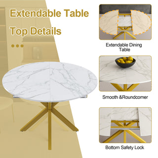 Sunvega Modern Round Dining Table with Marble Top and Adjustable Length