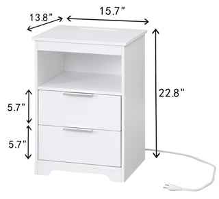 Sunvega White Wooden End Table with Charging Station and 2 Drawers for Bedroom