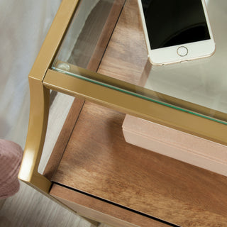 Sunvega Modern Brown Finish Night Stand with Spacious Drawer and Glass Top