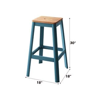 Sunvega Natural & Teal Finish Wooden Stationary Bar Stool with Metal Legs
