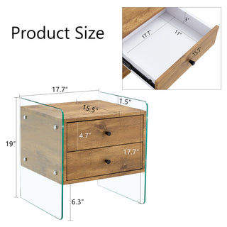 Sunvega MDF Wood Grain Double Drawer Bedside Table with Tempered Glass Legs