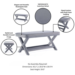 Sunvega Mid-Century Modern Velvet Upholstered Accent Bench with X-Crossed Legs
