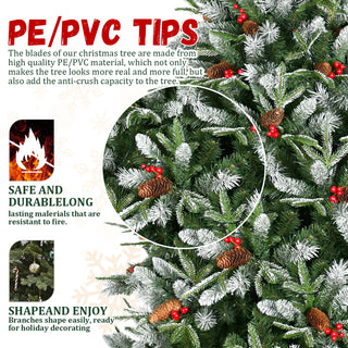 Sunvega Snow-Dusted Christmas Tree with Red Berries Pine Cones for Natural Holiday Decoration
