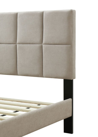 Sunvega Queen Upholstered Pleated Bed in a Box with Sturdy Dark Brown Frame