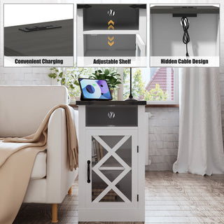 Sunvega Farmhouse End Table with Charging Station and Adjustable Shelf for Bedroom