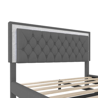 Sunvega Queen Size Upholstered Velvet Bed Frame with LED Lights and Tufted Headboard
