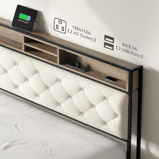 Sunvega King Size Platform Bed Frame with Charging Station and Upholstered Storage Headboard