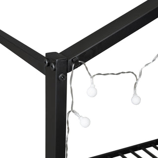 Sunvega Twin Size Black Metal House Bed Frame with Shelves and LED Lights