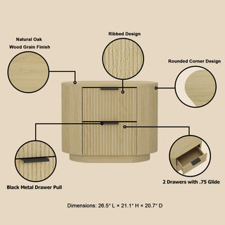 Sunvega Modern Natural Oak Nightstand with Two Drawers and Ribbed Texture