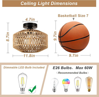 Sunvega Boho Ceiling Light Fixture with Hand Woven Rattan Cage and Dimmable LED Bulb
