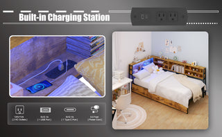 Sunvega Corner Bed Frame with Storage Bookcase Drawers LED Light Charging Station
