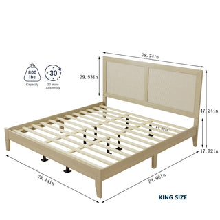 Sunvega Solid Wood Queen Bed Frame with Rattan Headboard and Silent Slats
