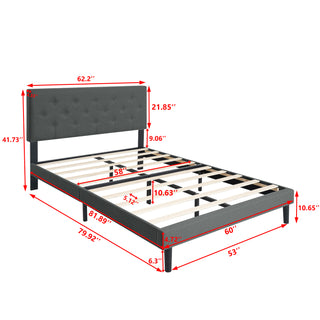 Sunvega Modern Upholstered Platform Bed Frame with Button Tufted Linen Headboard