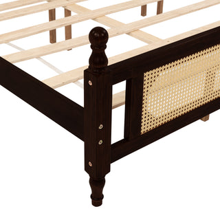 Sunvega King Pine Wooden Bed with Rattan Headboard and Footboard, Walnut
