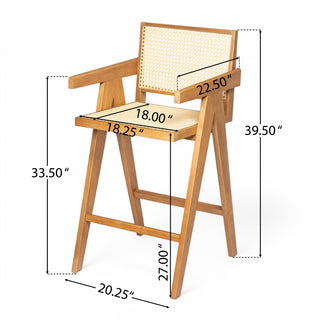 Sunvega Cream Grey Woven Cane Plastic Backrest Bar Stool with Foam-Padded Fabric Seat