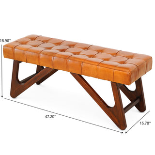 Sunvega Mid-Century Modern Tan Leather Upholstered Bench with Buttons and Solid Wood Frame