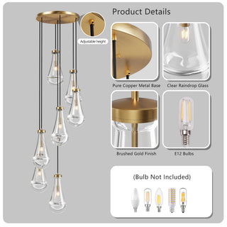 Sunvega Modern Raindrop Cluster Pendant Light with Clear Blown Glass Shade Adjustable Height
