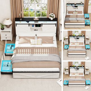 Sunvega Farmhouse Full Size Bed Frame with Storage Headboard, Drawers, Charging Station & LED Lights
