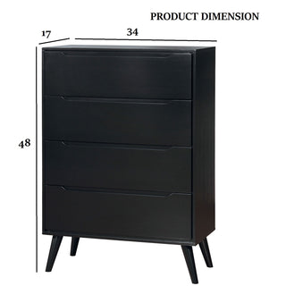 Sunvega Mid-Century Modern Black Chest with 4 Recessed Handle Drawers and Tapered Legs