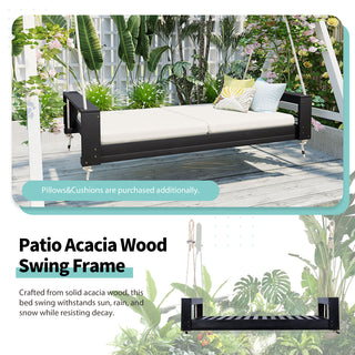 Sunvega Twin Size Acacia Wood Porch Swing Bed with Hemp Ropes for Garden