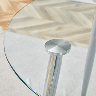 Sunvega Modern Round Dining Table with Silver Metal Legs and Clear Glass Top