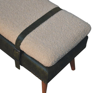 Sunvega Olive Green Buffalo Hide Leather Bouclé Bench with Solid Wood Nordic Legs