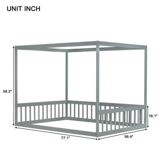 Sunvega Wooden Canopy Frame Floor Bed with Guardrails for Safety and Privacy