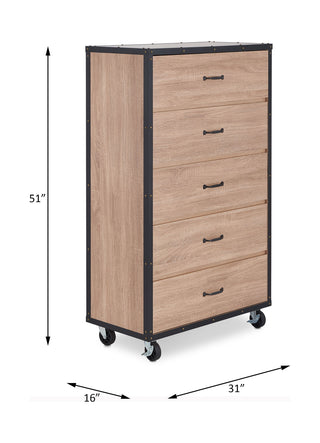 Sunvega Weathered Light Oak Finish Wood Chest with 5 Drawers and Industrial Caster Wheels
