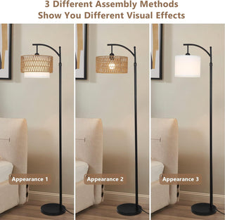 Sunvega Adjustable Farmhouse Arc Floor Lamp with Rattan & Fabric Shades and Remote