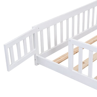 Sunvega Full Size Pine Wood Floor Bed with Safety Guardrails and Door