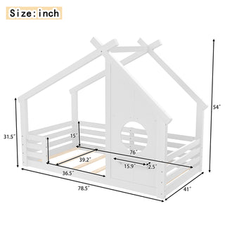 Sunvega White Twin House Floor Bed with Window and Shelf for Kids Room