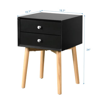 Sunvega Mid-Century Modern Bedside Table with 2 Drawers and Rubber Wood Legs