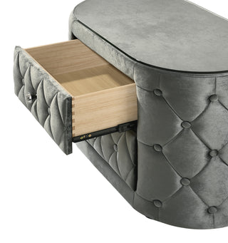 Sunvega Modern Gray Tufted Upholstery Nightstand with 8mm Glass Top and Two Drawers