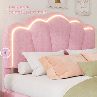 Sunvega Elegant Flower Upholstered Headboard LED Light Strip Sherpa Fabric Twin Bed