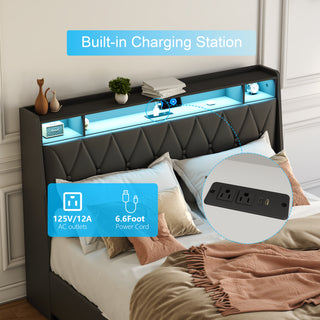 Sunvega Queen Bed Frame with Ergonomic Headboard Outlets Charger LED Light Storage