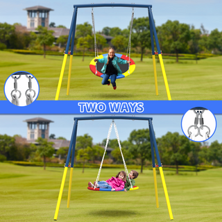 Sunvega Heavy-Duty A-Frame Metal Outdoor Swing Set with Saucer and Belt Swings