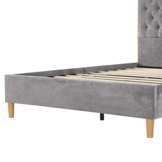 Sunvega Upholstered Queen Bed Frame with Tufted Headboard and Curved Design