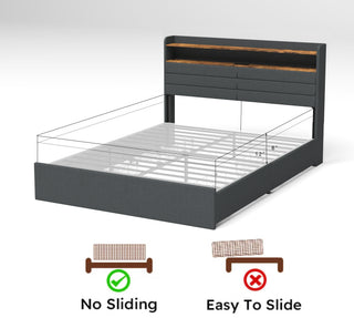 Sunvega Queen Upholstered Bed Frame with Headboard LED Lights Charging Station and 4 Storage Drawers