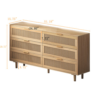 Sunvega Modern Natural Rattan 6 Drawer Dresser with Wood Legs for Bedroom Storage