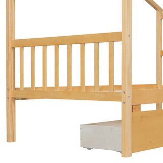 Sunvega Twin Size Wooden House Bed with Drawers and Headboard for Kids Room
