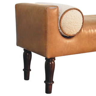 Sunvega Buffalo Leather Upholstered Bench with Plush Boucle Cushions and Solid Mango Wood