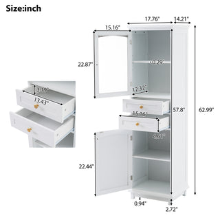 Sunvega Modern 63 Inch Tall Bathroom Storage Cabinet with Glass Doors and Two Drawers