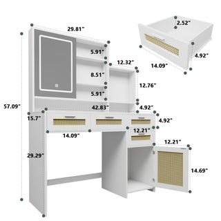 Sunvega Makeup Vanity with 3 Color Lights Openable Mirror 4 Drawers Rattan Dresser