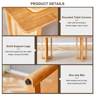 Sunvega Natural Solid Wood Dining Table with Imitation Rattan Legs for Dining Room