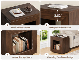 Sunvega Industrial Rustic Brown Wood End Table with 2 Tiered Storage Shelf and USB Outlets
