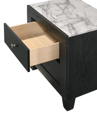 Sunvega Modern White Faux Marble Top Nightstand with Two Drawers in Black Finish