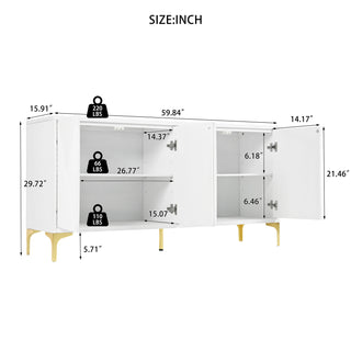 Sunvega White Modern High-Gloss Storage Cabinet with Carved Door Panels and Adjustable Shelves